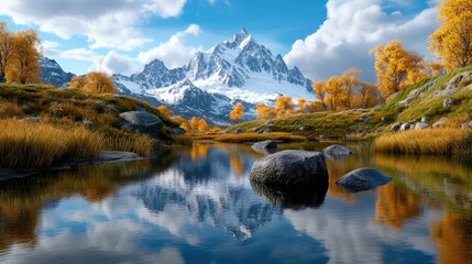Majestic mountain tops reflected in still water, creating a tranquil and calm view.