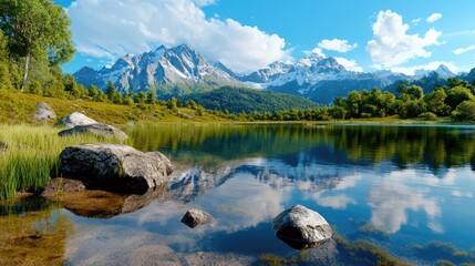 Pristine lake serves as a natural mirror, doubling the beauty of the surrounding mountain range.