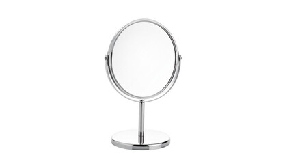 Round chrome handheld mirror with stand isolated on transparent background