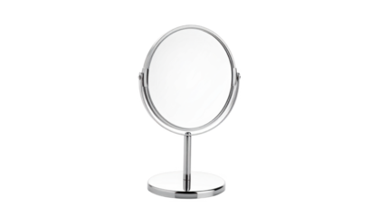 Round chrome handheld mirror with stand isolated on transparent background