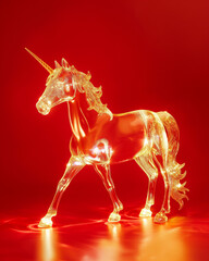 Bright glass unicorn sculpture shines against a vibrant red backdrop creating a whimsical visual effect with warm lighting. Generative AI