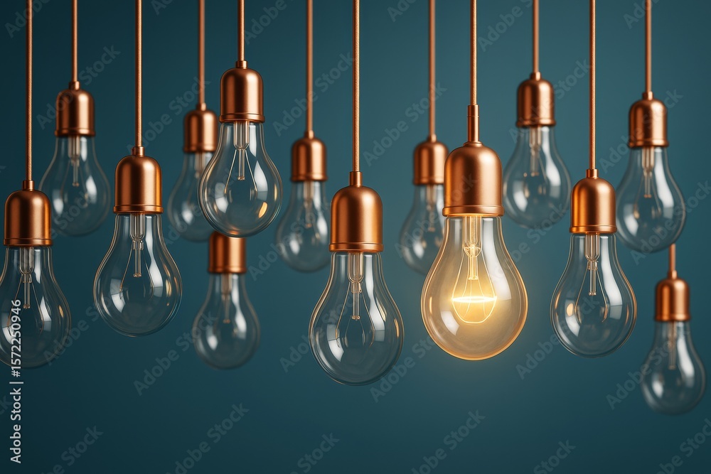 Poster Hanging lightbulbs with one illuminated bulb symbolizing creativity and innovation on a blue background in digital abstract style.