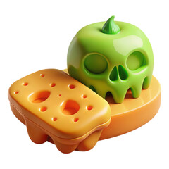 Stylized green skull with apple stem on a cheese slice isolated on transparent background