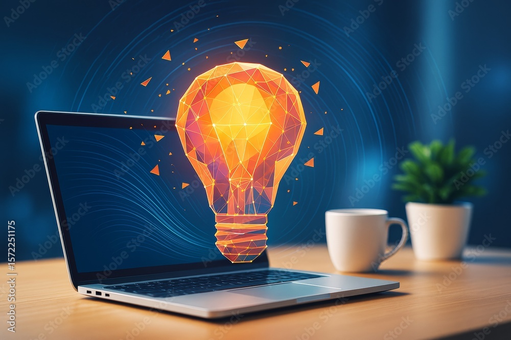 Poster glowing polygonal light bulb emerging from laptop screen symbolizing innovation and creativity in mo