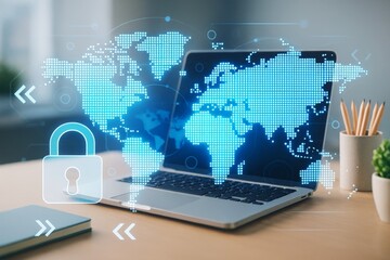 Cybersecurity concept with digital world map and padlock hologram over laptop on desk in light business background, symbolizing data protection.