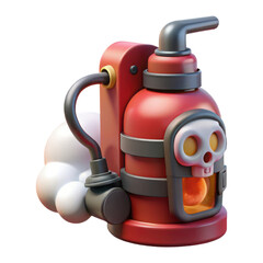 Stylized 3d render of a red fire extinguisher with a skull design and smoke isolated on transparent background