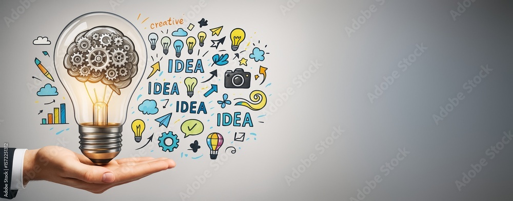 Poster business hand holding light bulb with creative idea icons, gears and brain concept sketched on brigh
