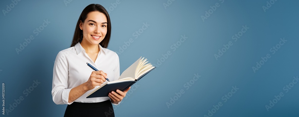 Poster smiling businesswoman writing in notebook with pen, standing against light blue background with copy