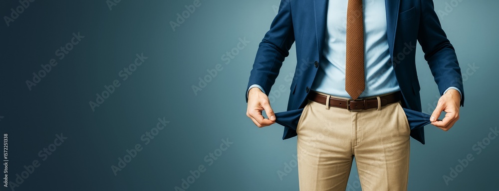 Aufkleber Businessman in formal attire showing empty pockets against gradient blue background, symbolizing financial crisis with copyspace on the left side.