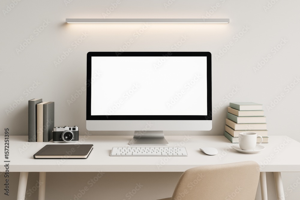 Poster Minimalist workspace with desktop computer, books, and coffee cup on light background for business mockup or branding design template concept.