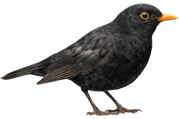 Solitary blackbird isolated on transparent background in high-resolution PNG style, ideal for seamless cutout and digital design projects