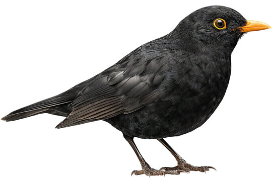 Solitary blackbird isolated on transparent background in high-resolution PNG style, ideal for seamless cutout and digital design projects
