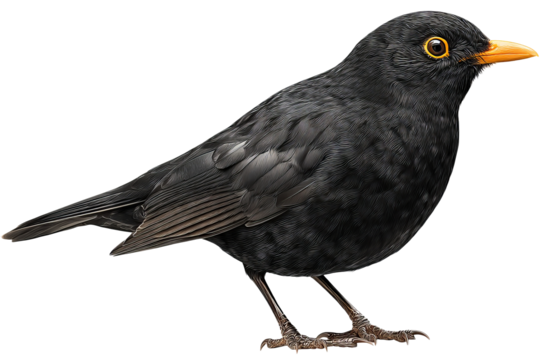 Solitary blackbird isolated on transparent background in high-resolution PNG style, ideal for seamless cutout and digital design projects