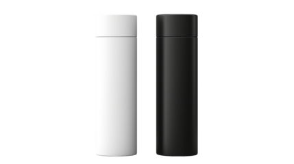 Two sleek metal flasks, one white and one black, isolated on transparent background
