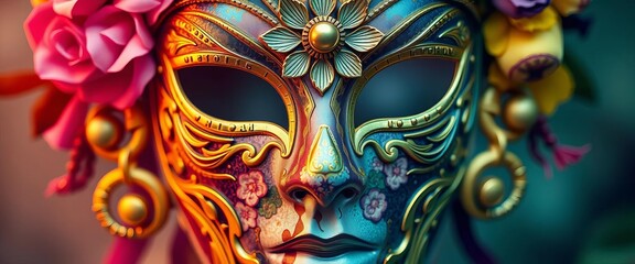 Naklejka premium Close-up regal mask, floral double exposure, majestic face, botanical, fantasy