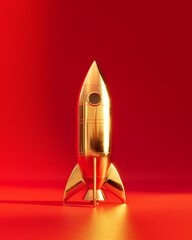 Golden rocket model emerging into a vibrant backdrop with glowing flames at the base during an artistic display. Generative AI