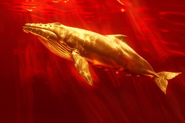 Golden whale swimming through vibrant red waters at sunset, symbolizing beauty and grace in nature's depths. Generative AI