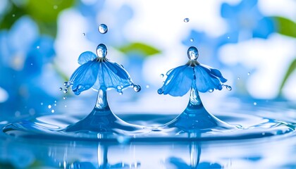 Two water droplets, shaped like tiny blue flowers, resting on a water surface