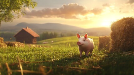 Piglet trotting on sunny barn road high resolution picture