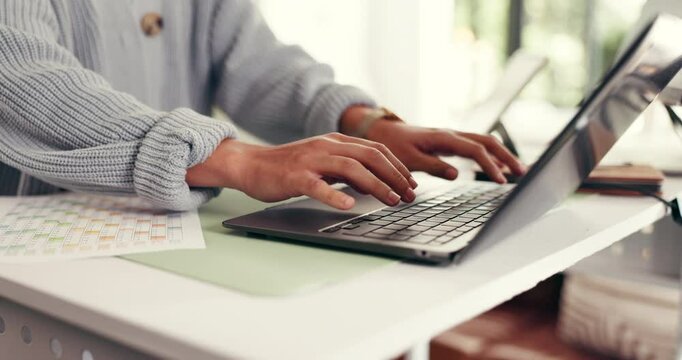 Laptop, hands and woman in office typing for contact, research or communication for article approval. Technology, creative career and female editor with computer for online publishing in workplace.