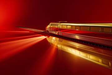 Shiny golden model train against a vibrant red background illuminated for artistic effect. Generative AI