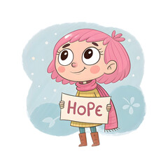 Breast Cancer Awareness Motivation Illustration of a Cartoon Girl with Pink Scarf and Happy Expression Holding Hope Sign Board