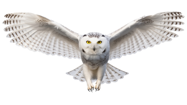 Majestic snowy owl soars with spread wings against a transparent backdrop, its plumage detailed.