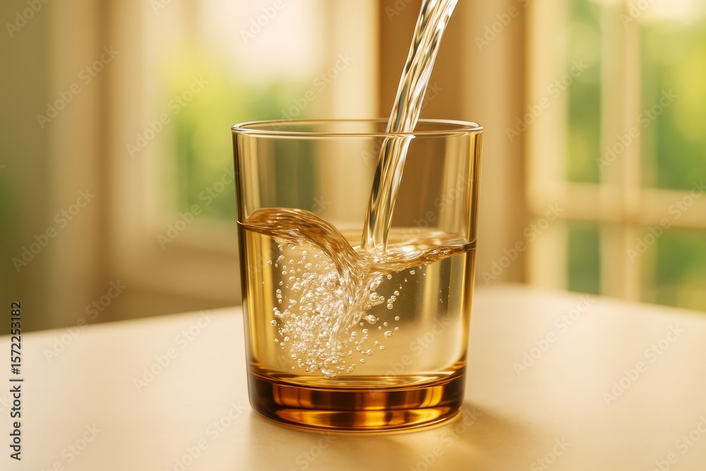 Poster glass of sparkling drink being poured with bubbles, set against a warm light abstract background wit