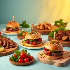A colorful arrangement of gourmet burgers with fresh toppings, surrounded by crispy snacks, grilled veggies, and vibrant herbs, creating a lively and appetizing food presentation.
