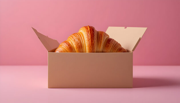 Golden Croissant in Kraft Box on Pink Background - Powered by Adobe