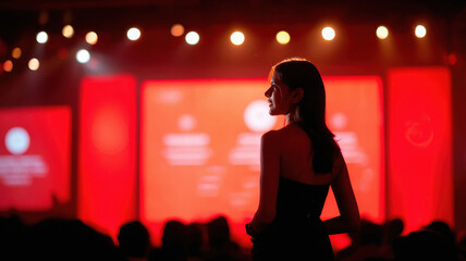 young indian business woman giving speech on the stage