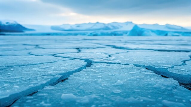 Defocused macro view of cracked arctic ice in vivid blue tones and crevices
