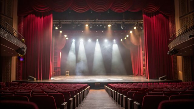 Blurred empty 3D theater stage with dramatic red curtains and glowing spotlights
