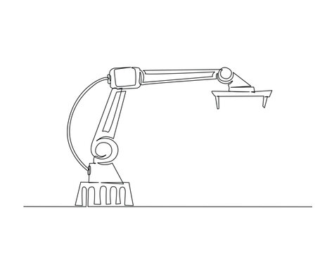 Continuous one line drawing of robot arm machine for industry. Robotic arm technology outline illustration. Editable vector.
