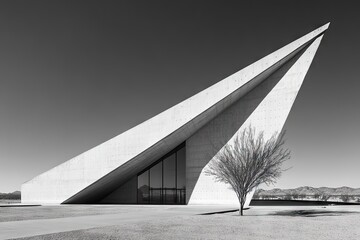 Modern concrete chapel, angled facade, minimalist