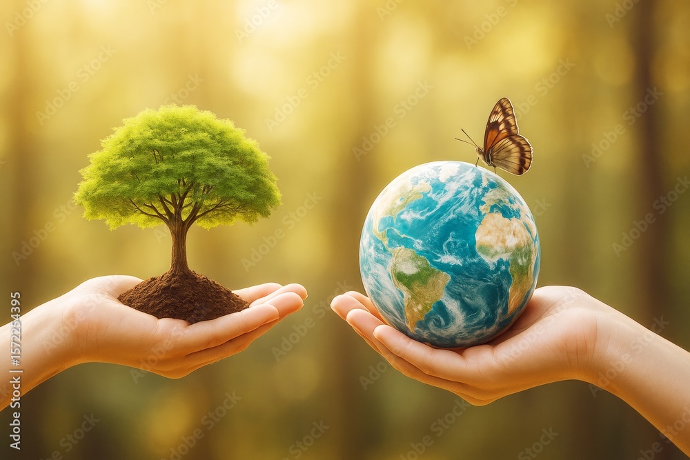 Aufkleber hands holding a small tree and earth globe with butterfly in a glowing natural background symbolizin