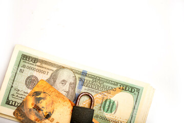 Paper currency dollar credit card and lock isolated on white background