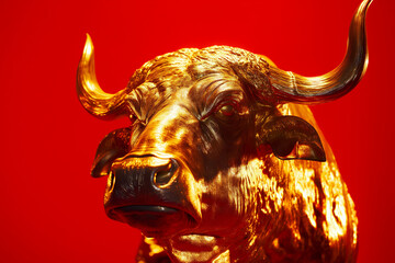 Golden bull isolated on red background. Generative AI