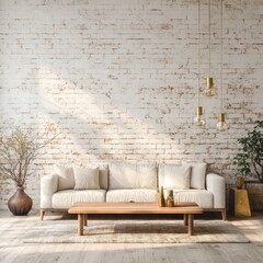 Minimalist living room with a light beige sofa, wooden coffee table, and a white brick wall