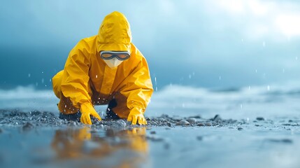 Hazmat Scientist in Rain Investigating Beach