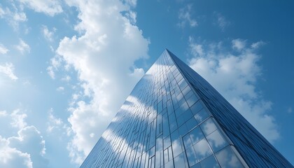 Modern Mirror Pyramid Skyscraper Under Bright Blue Sky and White Clouds