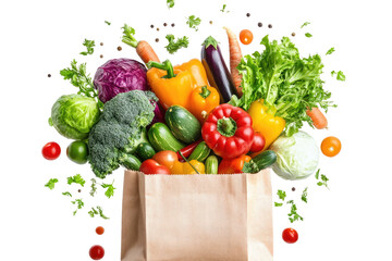 Fresh produce spilling from a brown paper bag