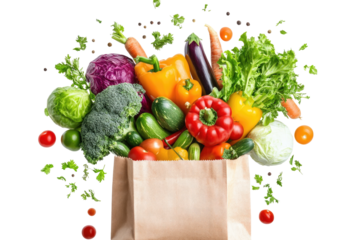 Fresh produce spilling from a brown paper bag