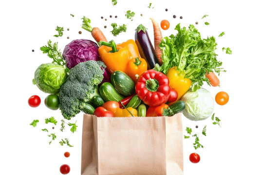 Fresh produce spilling from a brown paper bag - Powered by Adobe