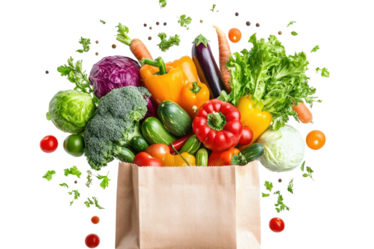 Fresh produce spilling from a brown paper bag