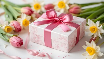 Elegant Gift Box with Satin Ribbon and Fresh Spring Tulip Flowers