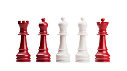Elegant chess pieces in red and white colors stand out  isolated on transparent background, evoking strategy and intellect.