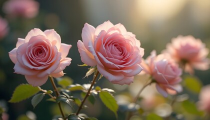 Soft Morning Light Illuminates Blooming Roses with Dreamy Blurred Background