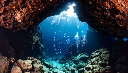 Underwater cave opening, sunlight beams