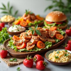 A fresh and vibrant dish of sliced sausages with cherry tomatoes on lettuce, surrounded by strawberries, creamy dip, couscous, and a juicy burger, creating a colorful and appetizing scene.
